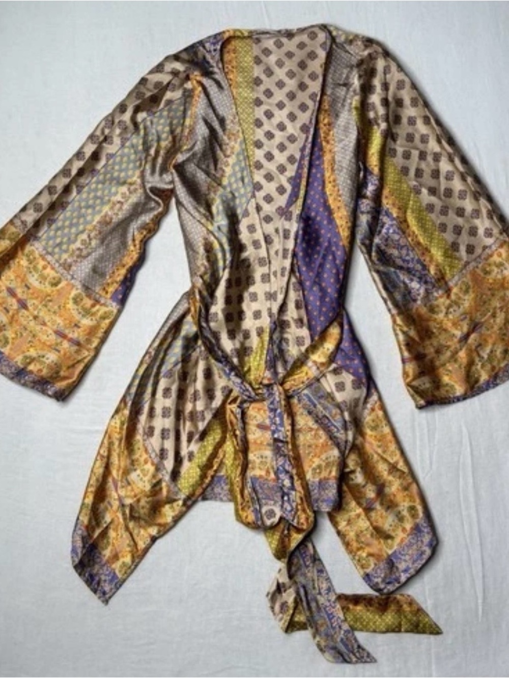 12th Tribe Gold & Purple Patchwork Silk Kimono Dress